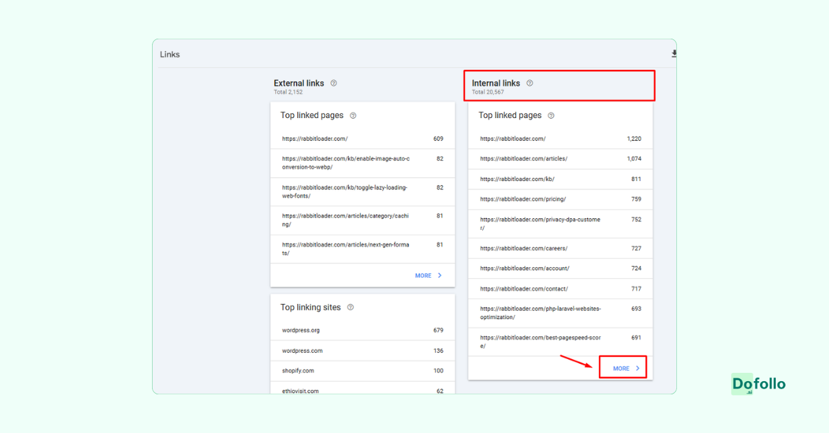 Internal links for detailed insights in the GSC Links section