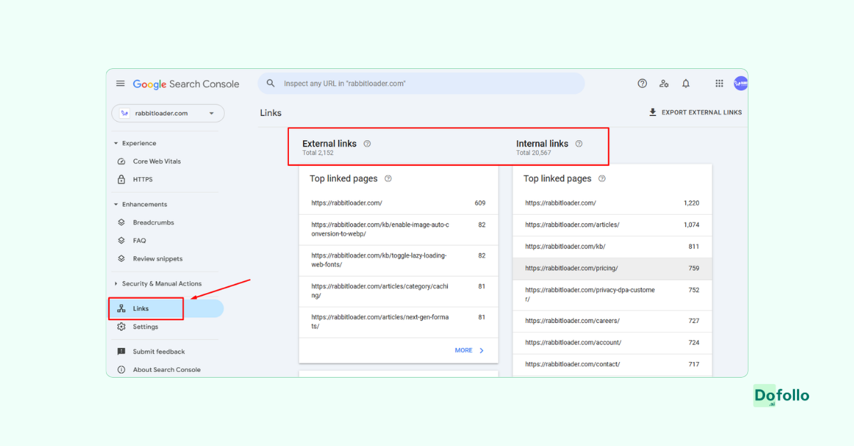 Internal links checked through GSC Links section